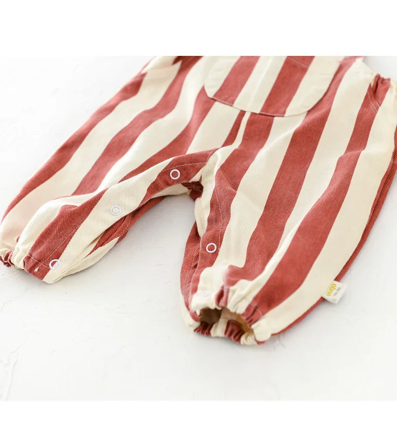 2026 Autumn New Stripe Infant Newborn Clothing Baby Boys Girl Straps Pants Overalls for 0-2Y Cartoon Bear One Piece Jumpsuit