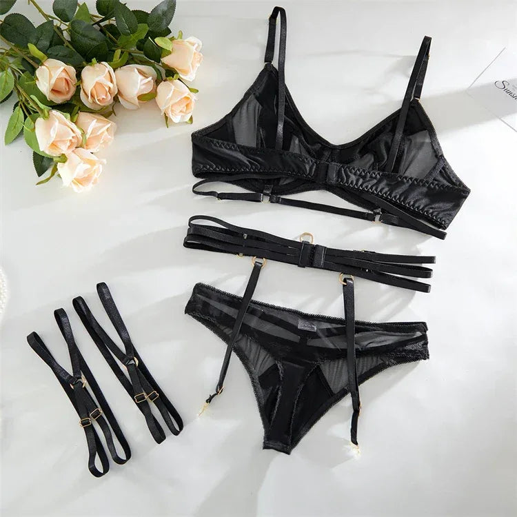 Comeondear Women Suspender Elastic Strap Intimate Underwear Black Plus Size Lingerie Belt Briefs Sexual Mesh Garter Bra Panties