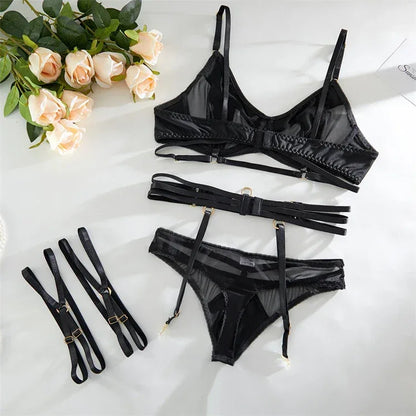 Comeondear Women Suspender Elastic Strap Intimate Underwear Black Plus Size Lingerie Belt Briefs Sexual Mesh Garter Bra Panties