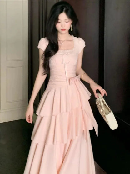 Pink Square Collar Korean Style Long Dress Women Japan Style Sweet Elegant Fairy Dress Female Fashion Summer Casual Party Dress