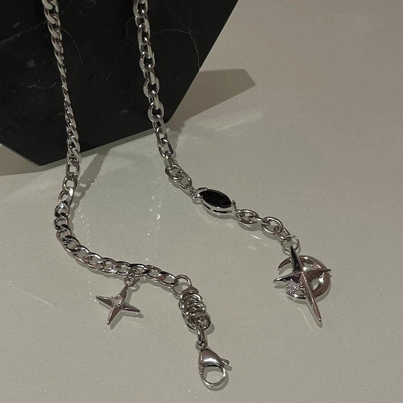 New Y2K Cuban Figaro Chain Star Moon Pendant Necklace Men Punk Black Zircon Chain Choker Necklace For Men Jewelry Gifts