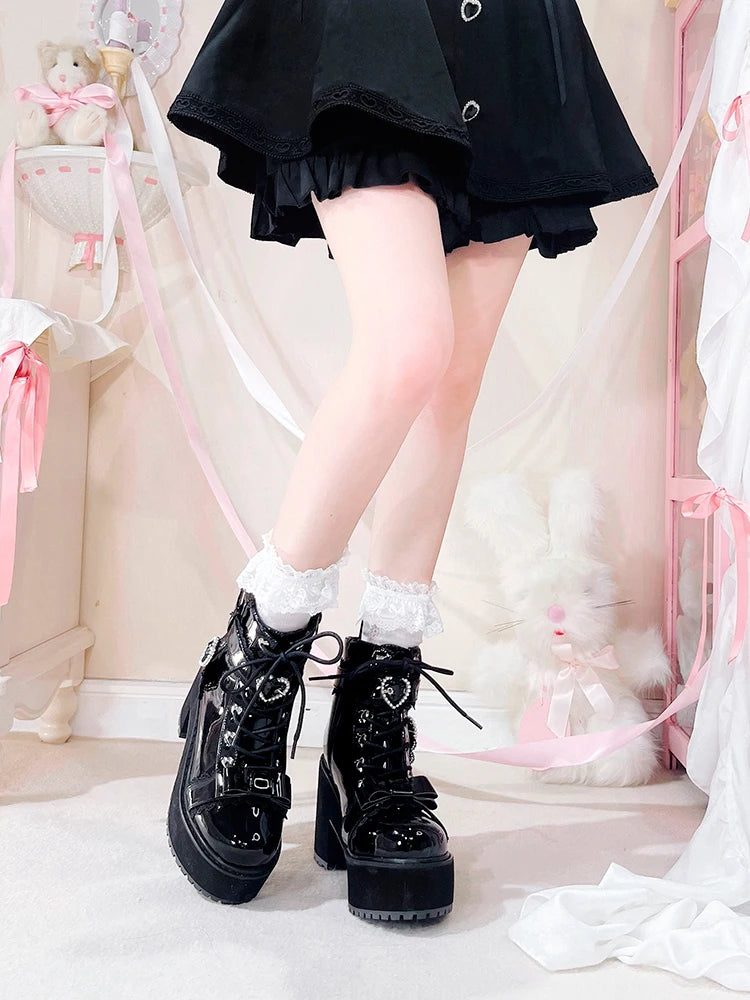 Japanese Mine Lolita Short Boots for Women Mass Production Love Rhinestone Buckle Bow Round Head Platform Boots Sweet Shoes