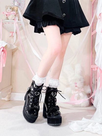 Japanese Mine Lolita Short Boots for Women Mass Production Love Rhinestone Buckle Bow Round Head Platform Boots Sweet Shoes