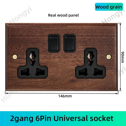 Black walnut retro European retro wall lamp switch socket, solid wood brass toggle switch board 1-4Gang 2Way antique home switch