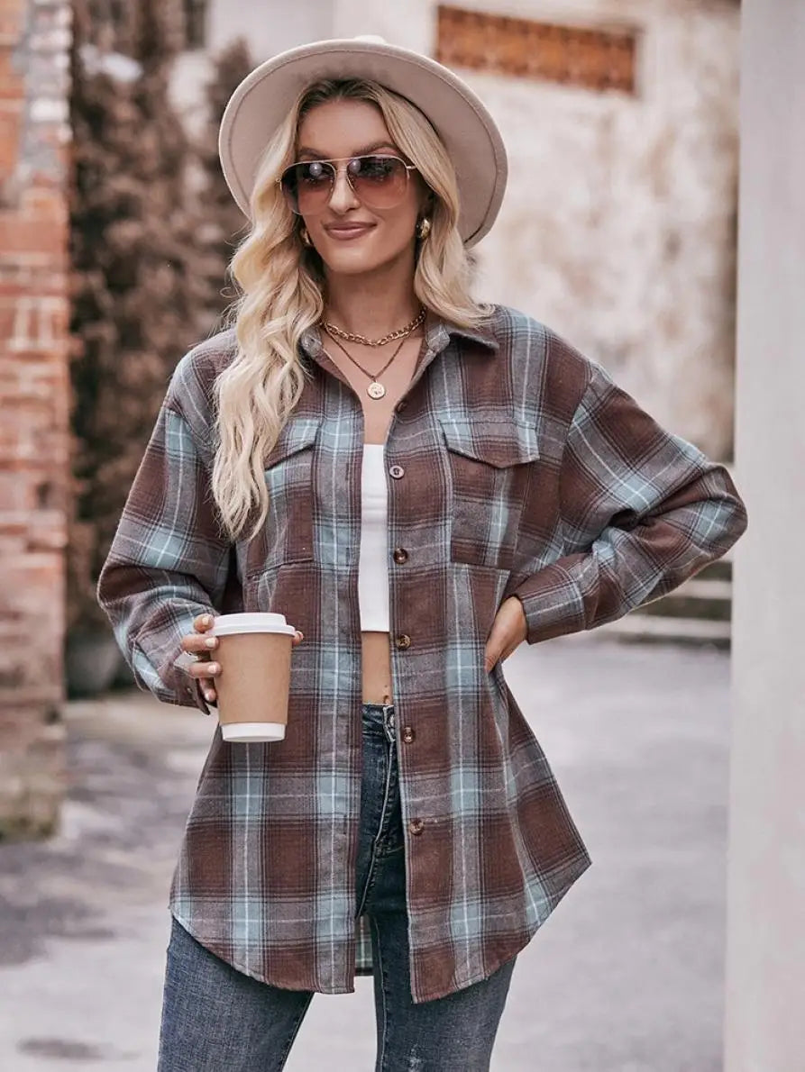 Autumn Plaid Shirt Women Long Sleeve Turn-down Collar Oversize Shirts Female Stylish Vintage Casual Blouse Ladies Chemise