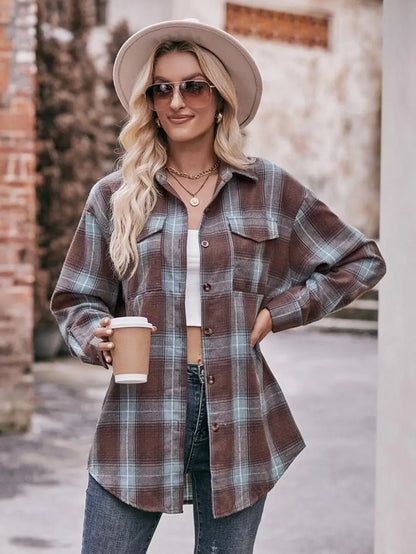 Autumn Plaid Shirt Women Long Sleeve Turn-down Collar Oversize Shirts Female Stylish Vintage Casual Blouse Ladies Chemise