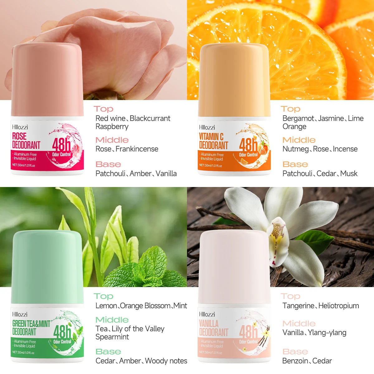 vitamin c，rose，vanilla，green tea & mint deodorant 48 hours long lasting fragrance Fruity perfume Skin care