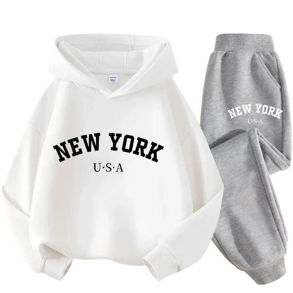 Autumn Warm New York Letter Cool Graphic Print Children Long Sleeve Hoodie +pant Suit 2pcs Set Sweatshirt Boy Girl Kid Sportwear