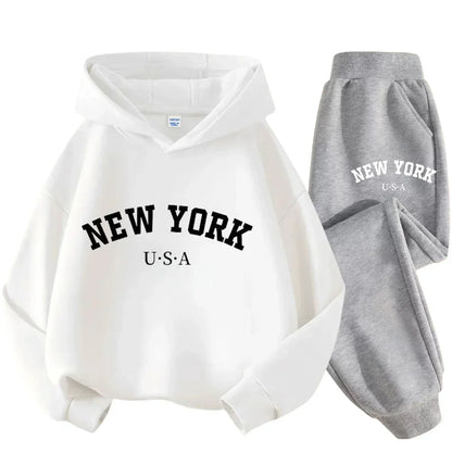 Autumn Warm New York Letter Cool Graphic Print Children Long Sleeve Hoodie +pant Suit 2pcs Set Sweatshirt Boy Girl Kid Sportwear
