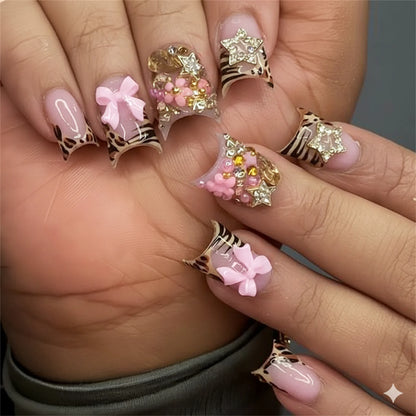 24pcs Nude Pink Sweet Fake Nails Short Duckbill Leopard Print French False Nails With 3D Bowknots Butterfly Cherry Press On Nail