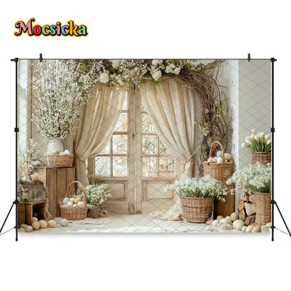 Mocsicka Spring Easter Background Photography White Retro Door Colorful Egg Floral Backdrop Maternity Newborn Photozone Studio