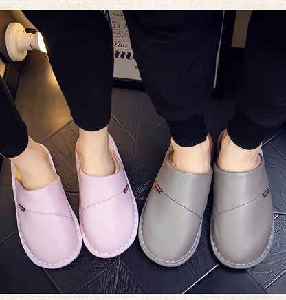Cotton slippers for men and women at home anti slip and warm indoor Home leather cowhide slippers in winter 2023