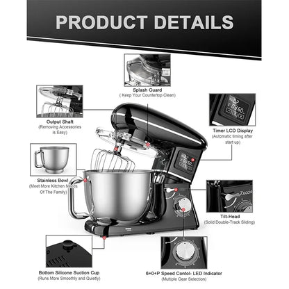 Commercial Stand Mixer 1500W, 6.5L Stainless Steel Bowl 6-Speed, Silent Design Smart Display Multi-Functional Dough Mixer