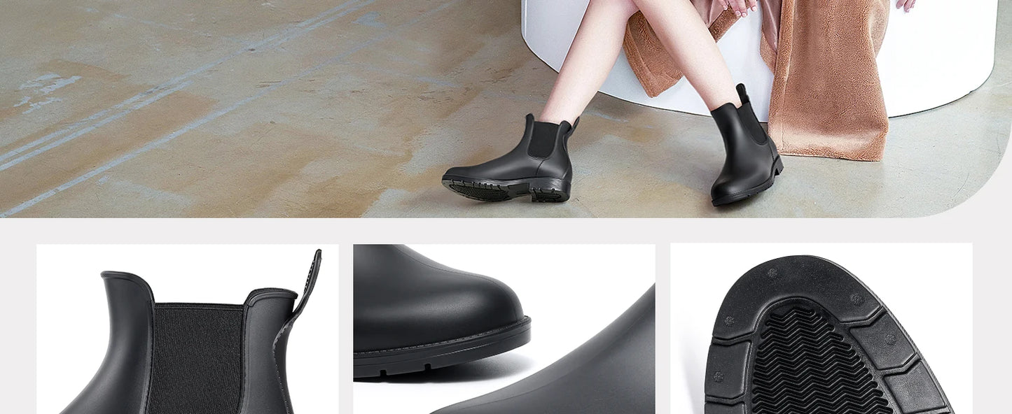 Evshine Fashion Short Rain Shoes For Women New Lady Chelsea Boots Outdoor Anti-slip Waterproof Rain Boots Sodt Rubber Ankle Boot