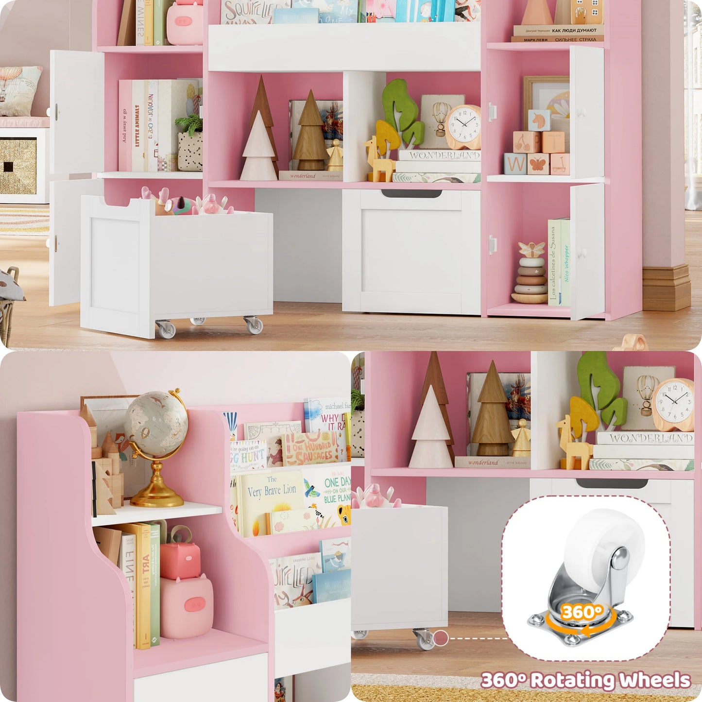 Getone Toy Storage , Childrens Bookcase,Unit 3-tier Kids Bookshelf, Kids Storage with 2 Drawers with Wheels, 4 Doors, 6 Open Shelves,multi-functional toy storage unit122x30x100cm