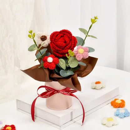 DTCTK Knitted Flower Bouquet Crochet Rose Flowers Hugging Bucket Christmas Gifts Living Room Desk Decoration Valentine's Day Gif