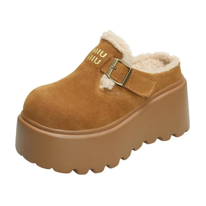 Platform High Heels Slippers Women Suede Mules Shoes Fur Warm Wedges Flip Flops 2025 Winter New Snow Boots Fashion Zapatos Mujer