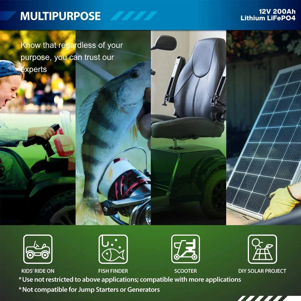 🔥LiFePO4 12V 200Ah Battery Integrated BMS, 8000+ Cycles,Designed for ️Solar Storage, Campers, Boats & Off-Grid Living Spaces