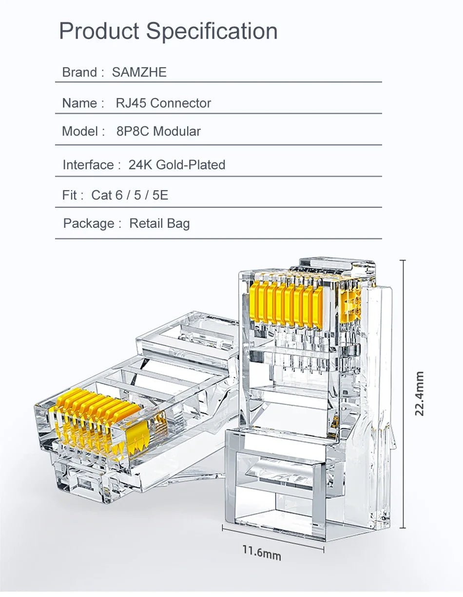 SAMZHE Cat5e RJ45 Modular Plug 8P8C Connector for Ethernet Cable,Gold Plated CAT 5e Gigabit Bulk Ethernet Crimp Connectors