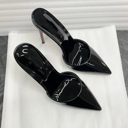 Summer black patent leather high heels with pointed toes shallow mouth thin heels slippers sexy versatile plus size lazy shoes