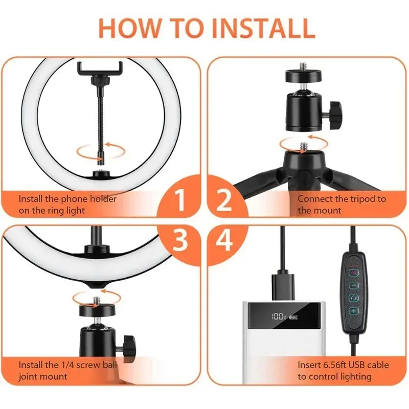 10" 26cm LED Selfie Ring Light Photography Video Light RingLight Phone Stand Tripod Fill Light Dimmable Lamp Trepied Streaming