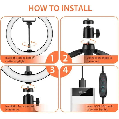 10" 26cm LED Selfie Ring Light Photography Video Light RingLight Phone Stand Tripod Fill Light Dimmable Lamp Trepied Streaming