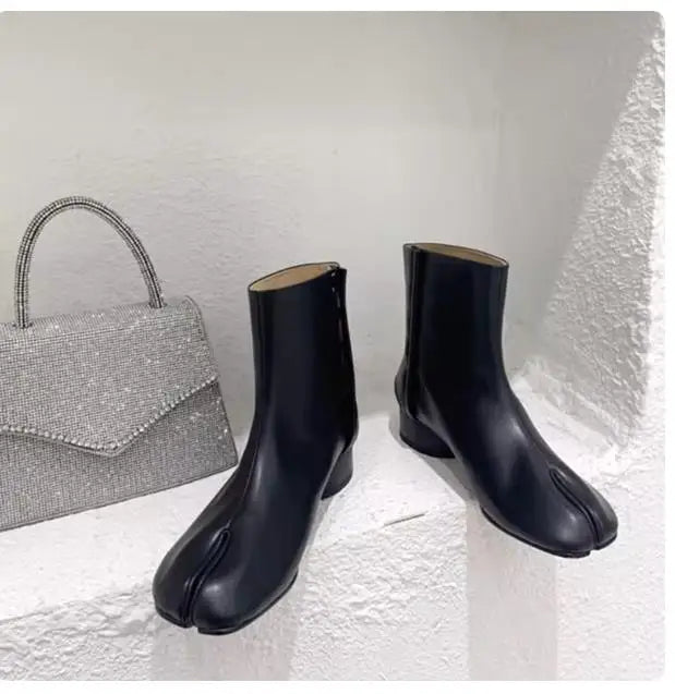 Leather Split Toe Tabi Boots For Women Chunky High Heels Women Shoes Ankle Boots Black Fashion Brand Designer Botas Mujer