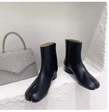 Leather Split Toe Tabi Boots For Women Chunky High Heels Women Shoes Ankle Boots Black Fashion Brand Designer Botas Mujer