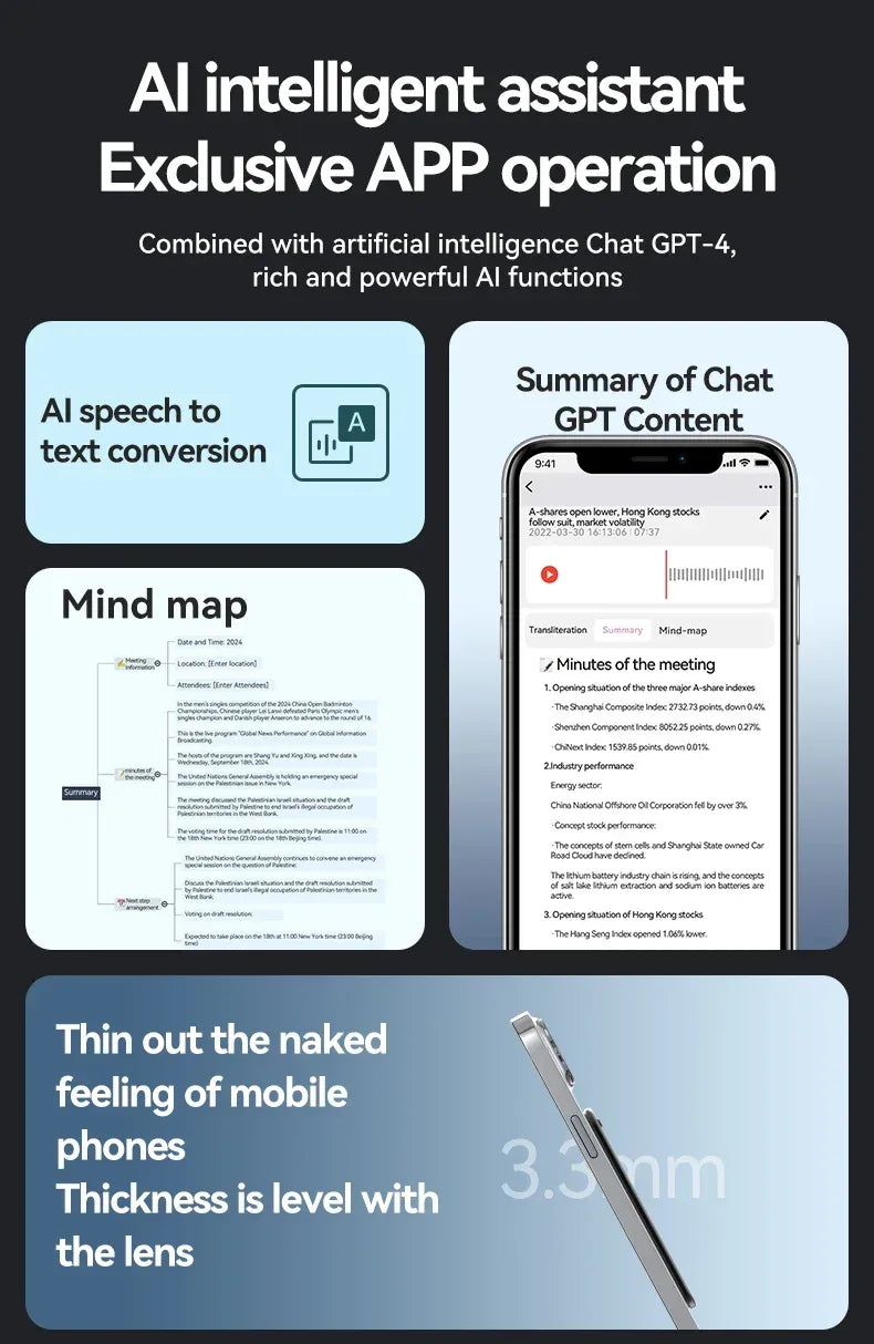 8-128GB AI ChatGPT-4 Intelligent Voice Recorder Audio App Phone Call Record Transcribe Summarize Voice to Text Conversion Device