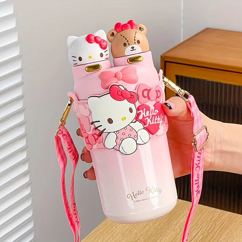 Hello Kitty Stainless Steel Insulated Cup, 550ML Portable Water Bottle for Outdoor Travel,Two Drinking Ways.  Cute Birthday Gift