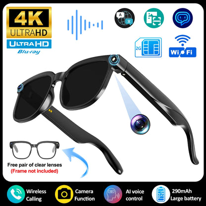 Lunettes intelligentes avec traduction IA, prise de photos, reconnaissance d'objets, caméra 4K, Bluetooth, musique, appels et enregistrement intelligent.