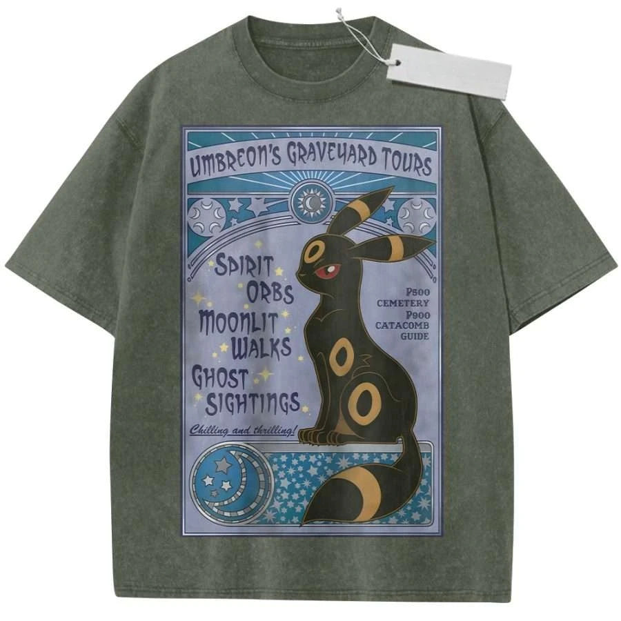 T Shirt Sports T Shirt Short Sleeve T Shirt Black Unisex Pure Cotton Washed Vintage Pokemon Anime Espeon Print