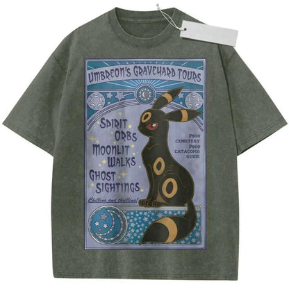 T Shirt Sports T Shirt Short Sleeve T Shirt Black Unisex Pure Cotton Washed Vintage Pokemon Anime Espeon Print