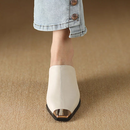2025 New Ladies Genuine Leather Metal Head Mules Fashion Med Chunky Heels Summer Wedges Slippers Women Casual Office Shoes Woman