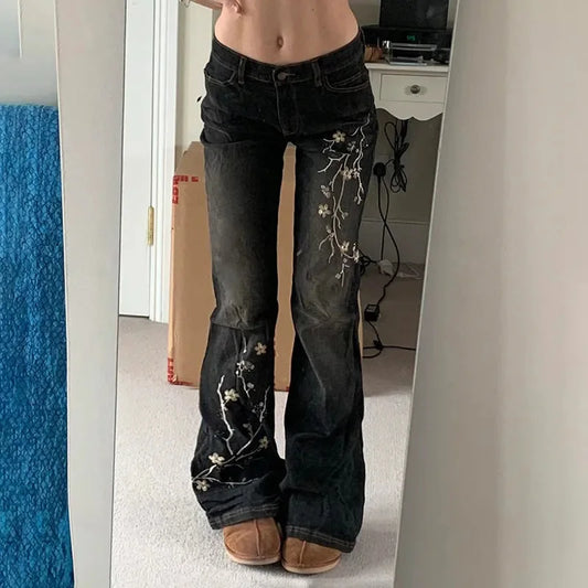 Jean brodé à fleurs pour femme, style streetwear Y2K, pantalon en denim baggy vintage années 2000, jean évasé taille basse, pantalon de ville pour femme