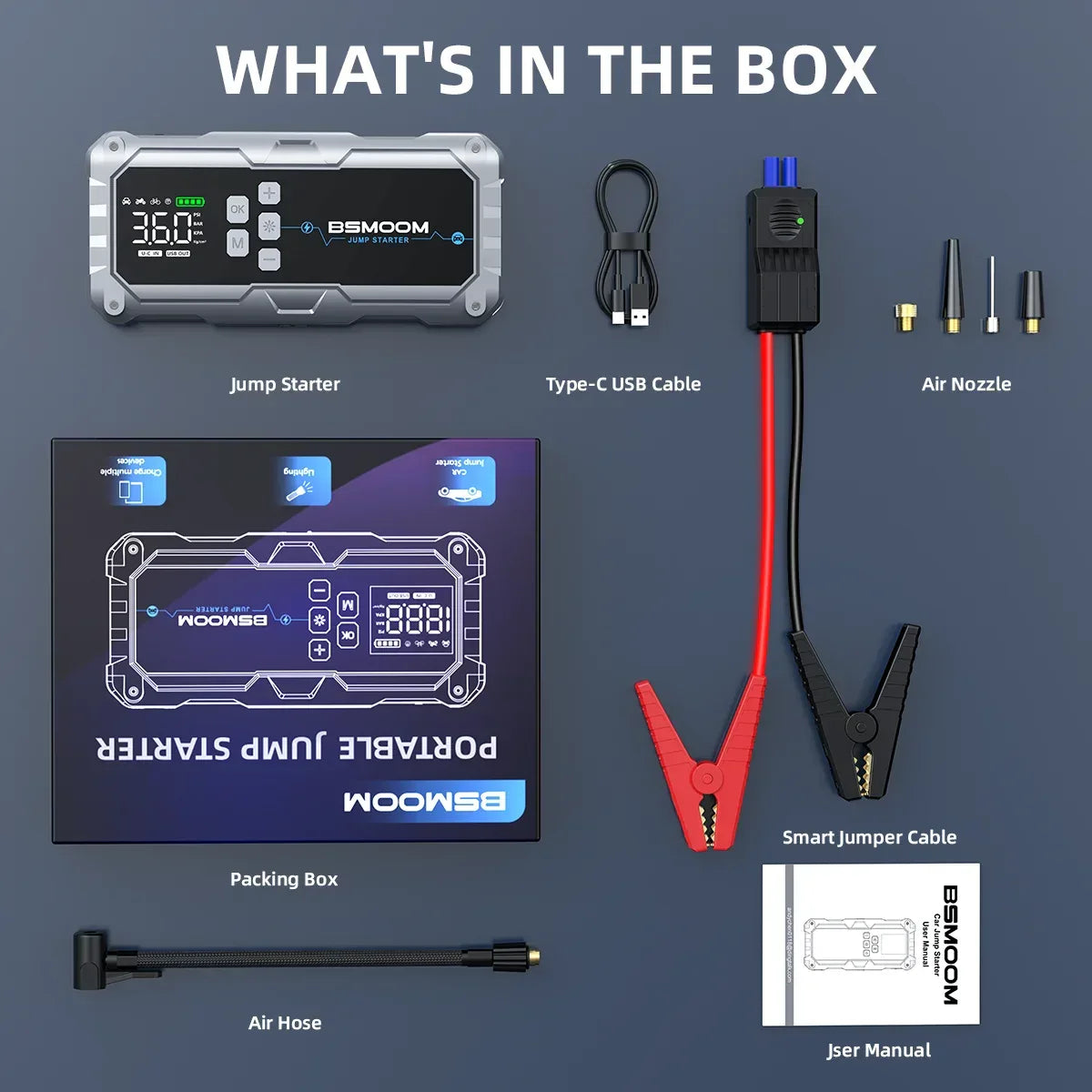 26800mAh Jump Starter with Air Compressor 4000A Booster Tyre Inflator Portable Car Battery Power Bank Charger Air Pump