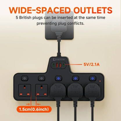 2500W UK Plug Power Strip Wall Mounted Independent Switches, Multitap Network Filter USB-C Ports 2.1A Fast Charging Adapter