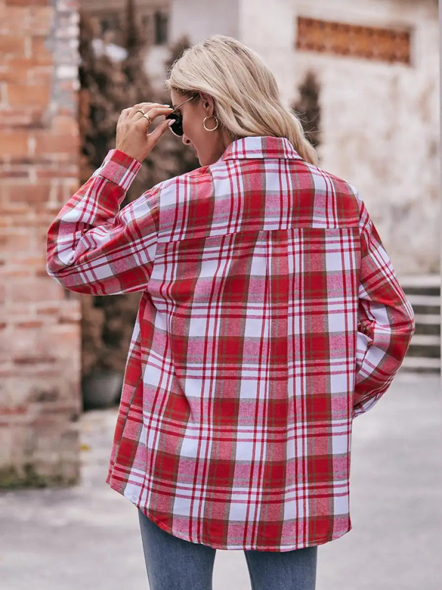 Autumn Plaid Shirt Women Long Sleeve Turn-down Collar Oversize Shirts Female Stylish Vintage Casual Blouse Ladies Chemise