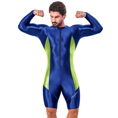 AMORESY Atticus Series Men Glossy Smooth Patchwork High Stretch Long Sleeve Knee Length Tracksuit Jumpsuit Bodysuit Fitness Gym