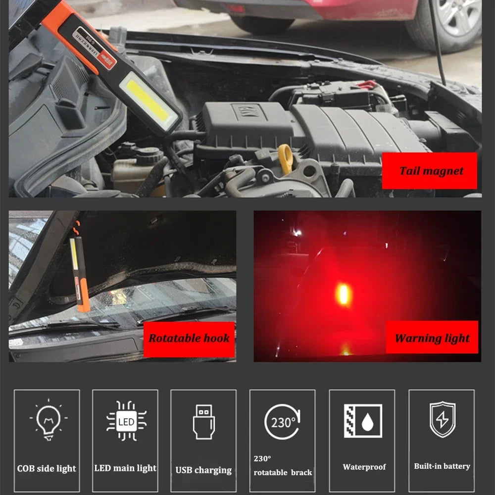 LED work light with magnet lighting maintenance flashlight Car Garage Lamp Mechanic charging COB car maintenance light with hook