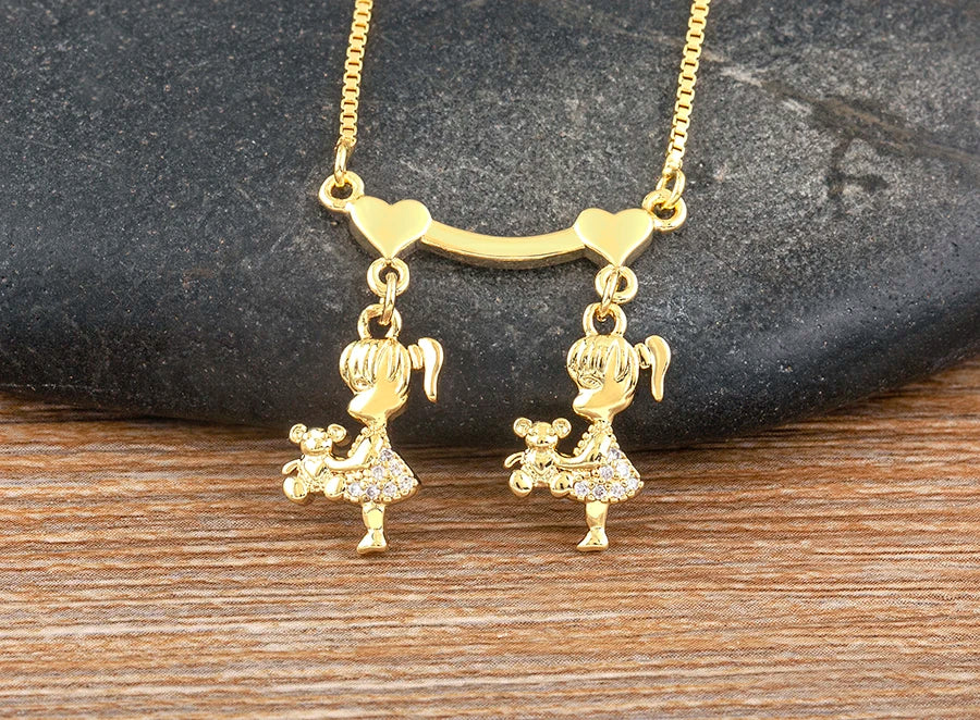 Nidin Exquisite Gold Plated Mom Daughter Necklace Girl Boy Pendant Chain Choker Cubic Zirconia Jewelry Mother's Day Gift