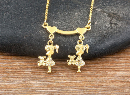 Nidin Exquisite Gold Plated Mom Daughter Necklace Girl Boy Pendant Chain Choker Cubic Zirconia Jewelry Mother's Day Gift