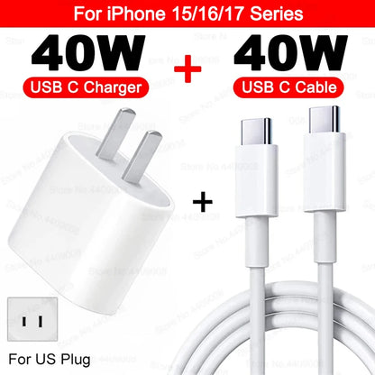 US EU Adapter PD 40W Fast Charger For Apple iPhone 15 13 12 11 14 17 16 Pro Max Type C Charger Charging Cable Phone Accessories