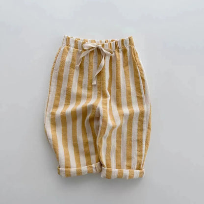 K230124 Unisex Baby Boys Girls Elastic Waist Striped Casual Pants Korean Style Infant Toddler Summer Trousers