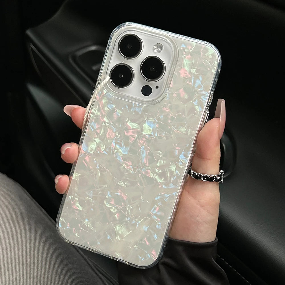 Luxury Glitter Shell Pattern Laser Case For iPhone 16 Pro Max 15 14 Plus 13 12 11 Aurora IMD Shockproof Protection Hard Cover