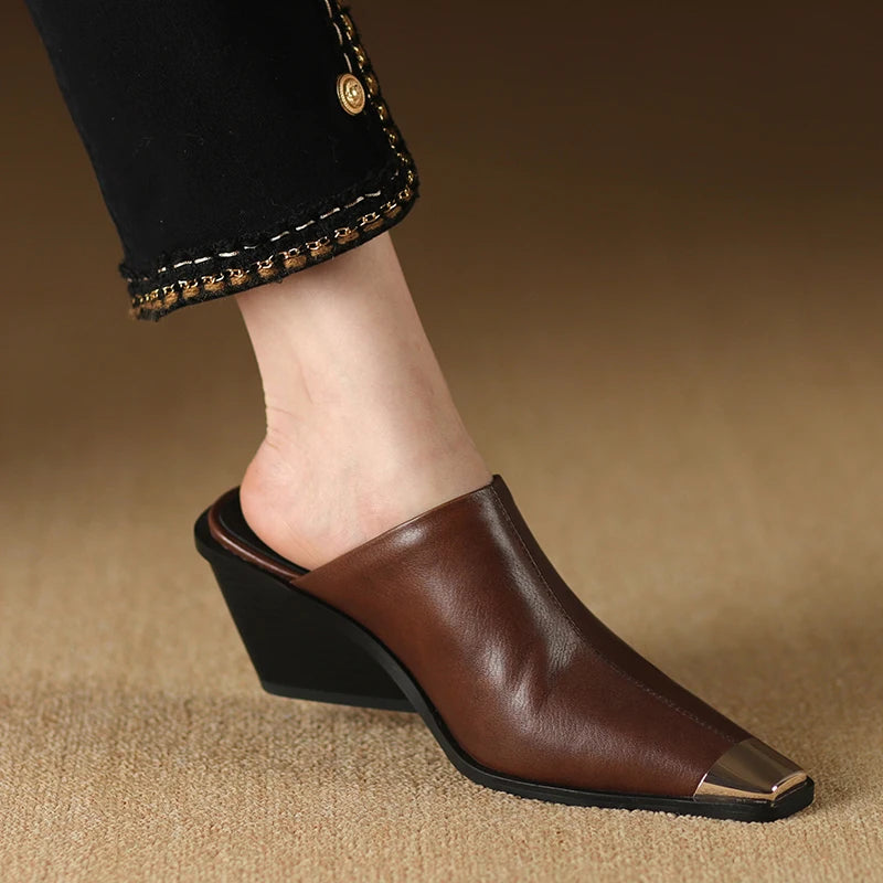 2025 New Ladies Genuine Leather Metal Head Mules Fashion Med Chunky Heels Summer Wedges Slippers Women Casual Office Shoes Woman