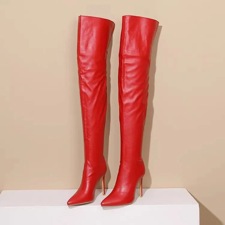 Size 34-48 White Boots For Woman Spring Autumn Stiletto Heels Back Zipper Pointed Toe Thigh Boots Over Knee T Show Shoes 11CM