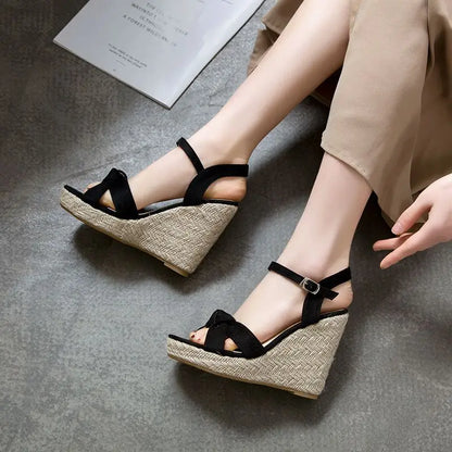 REAVE CAT Brand Women Sandals Open Toe Flock Suede Wedges 11cm Platform Buckle Strap Big Size 44 45 46 Soft Leisure Daily Shoes