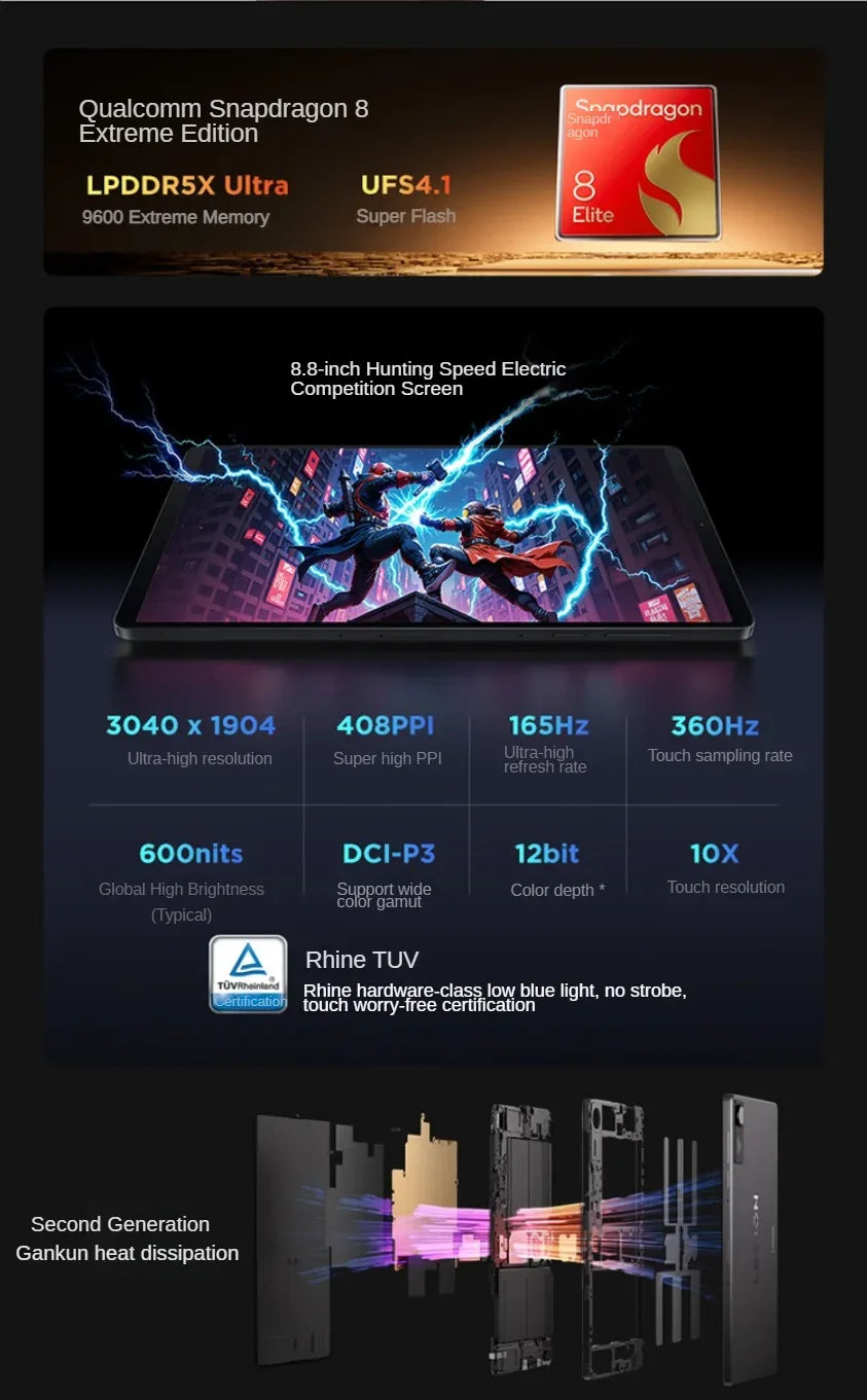 Small For Gaming CN Lenovo Legion Y700 4th8.8" 165Hz High Refresh Rate Gaming Tablet PC Snapdragon 8 Elite 7600mAh 68W Charging