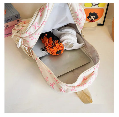 3 Pcs/Set Cute girl Large Capacity Backpack Bow Print Nylon Schoolbag Adjustable Strap Women daily Campus Backpack